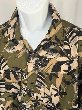 🌴 Under Armour Men’s Camo Hawaiian Long Sleeve Shirt Green Black Tan L 🔥